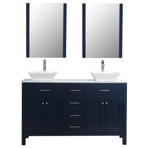 Laguna 60 in. W x 18 in. D x 41 in. H Bath Vanity in Dark Blue with Marble Vanity Top with White Basins and Mirrors