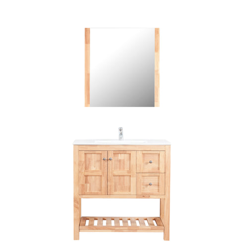 Manhattan 36 in. W x 18 in. D x 36 in. H Bath Vanity in Natural Wood with Integrated Ceramic Top in White and Mirror