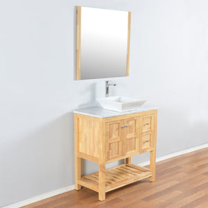 Manhattan 36 in. W x 18 in. D x 41 in. H Bath Vanity in Natural Wood with Marble Vanity Top with White Basin and Mirror