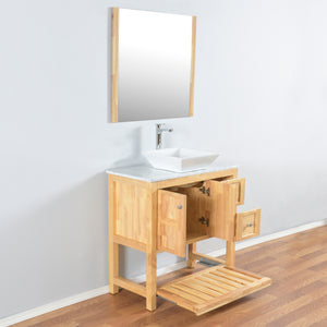Manhattan 36 in. W x 18 in. D x 41 in. H Bath Vanity in Natural Wood with Marble Vanity Top with White Basin and Mirror