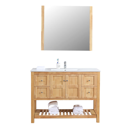 Manhattan 48 in. W x 18 in. D x 36 in. H Bath Vanity in Natural Wood with Integrated Ceramic Top in White and Mirror