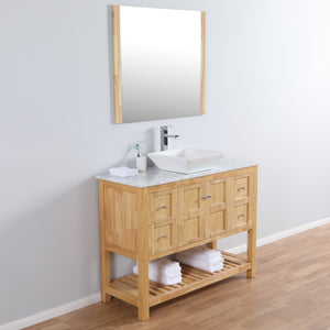 Manhattan 48 in. W x 18 in. D x 41 in. H Bath Vanity in Natural Wood with Marble Vanity Top with White Basin and Mirror
