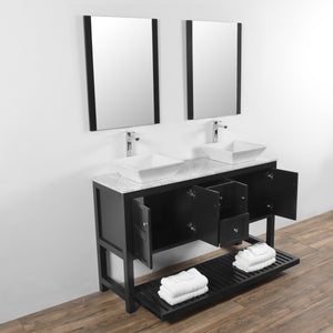 Manhattan 60 in. W x 18 in. D x 41 in. H Bath Vanity in Black  with Marble Vanity Top with White Basins and Mirrors