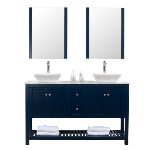 Manhattan 60 in. W x 18 in. D x 41 in. H Bath Vanity in Dark Blue with Marble Vanity Top with White Basins and Mirrors