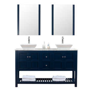 Manhattan 60 in. W x 18 in. D x 41 in. H Bath Vanity in Dark Blue with Marble Vanity Top with White Basins and Mirrors