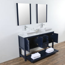 Manhattan 60 in. W x 18 in. D x 41 in. H Bath Vanity in Dark Blue with Marble Vanity Top with White Basins and Mirrors