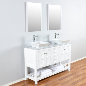 Manhattan 60 in. W x 18 in. D x 41 in. H Bath Vanity in White with Marble Vanity Top with White Basins and Mirrors