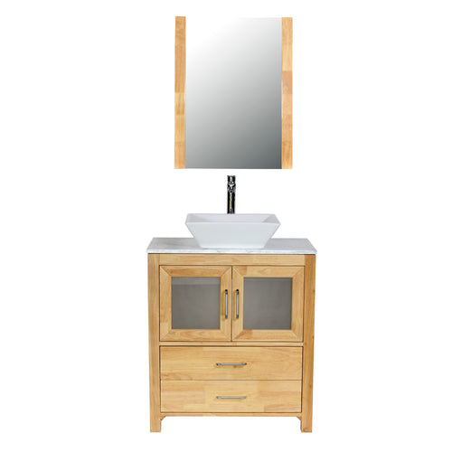 Newport 30 in. W x 18 in. D x 38 in. H Bath Vanity in Natural Wood with Marble Vanity Top with White Basin and Mirror