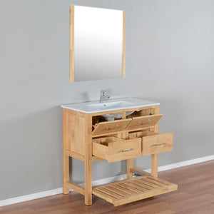 Santa Monica 36 in. W x 18 in. D x 36 in. H Bath Vanity in Natural Wood with Integrated Ceramic Top in White and Mirror