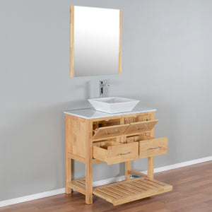 Santa Monica 36 in. W x 18 in. D x 41 in. H Bath Vanity in Natural Wood with Marble Vanity Top with White Basin and Mirror