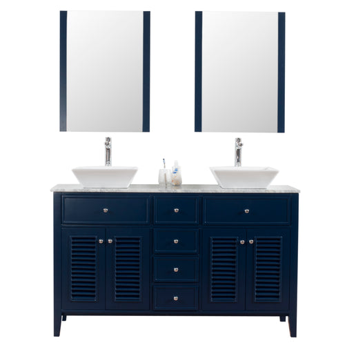 Venice 60 in. W x 18 in. D x 41 in. H Bath Vanity in Dark Blue with Marble Vanity Top with White Basins and Mirrors