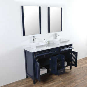 Venice 60 in. W x 18 in. D x 41 in. H Bath Vanity in Dark Blue with Marble Vanity Top with White Basins and Mirrors