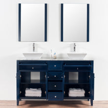 Venice 60 in. W x 18 in. D x 41 in. H Bath Vanity in Dark Blue with Marble Vanity Top with White Basins and Mirrors