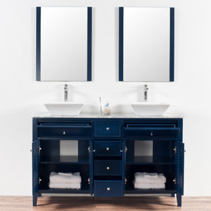 Venice 60 in. W x 18 in. D x 41 in. H Bath Vanity in Dark Blue with Marble Vanity Top with White Basins and Mirrors